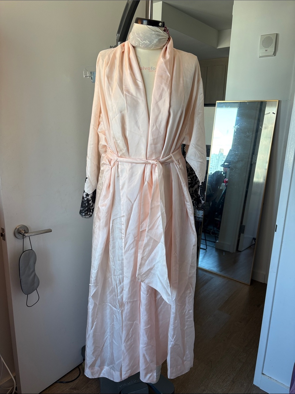 Natori Blush Pink Satin Robe with Black Lace Trim